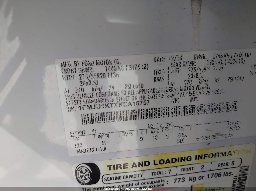 2019 Ford Expedition Limited VIN: 1FMJU1KTXKEA15757 Lot: 43288097