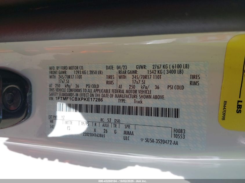 2023 Ford F-150 Xl VIN: 1FTMF1CBXPKE17286 Lot: 43288104