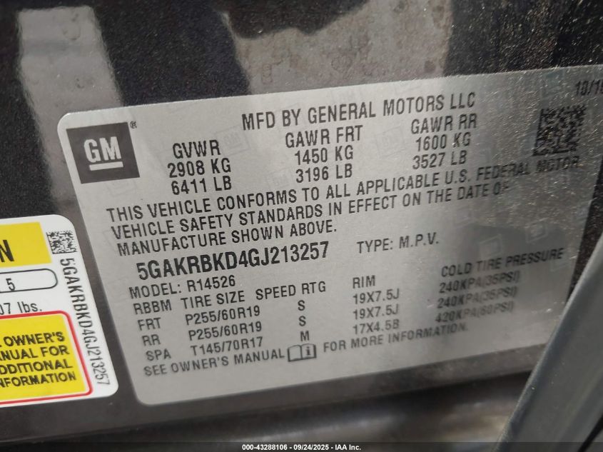 2016 Buick Enclave Leather VIN: 5GAKRBKD4GJ213257 Lot: 43288106