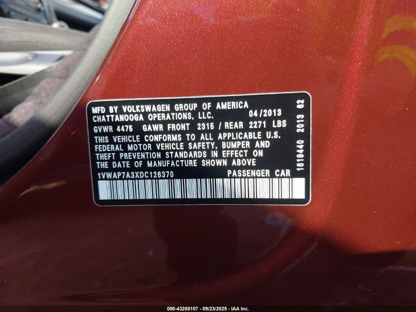 2013 Volkswagen Passat 2.5L S VIN: 1VWAP7A3XDC126370 Lot: 43288107