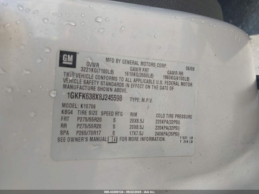 2008 GMC Yukon Denali VIN: 1GKFK638X8J245598 Lot: 43288124