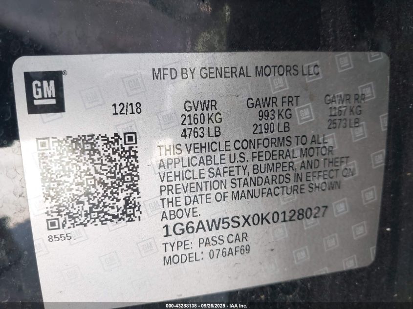 2019 Cadillac Cts Standard VIN: 1G6AW5SX0K0128027 Lot: 43288138