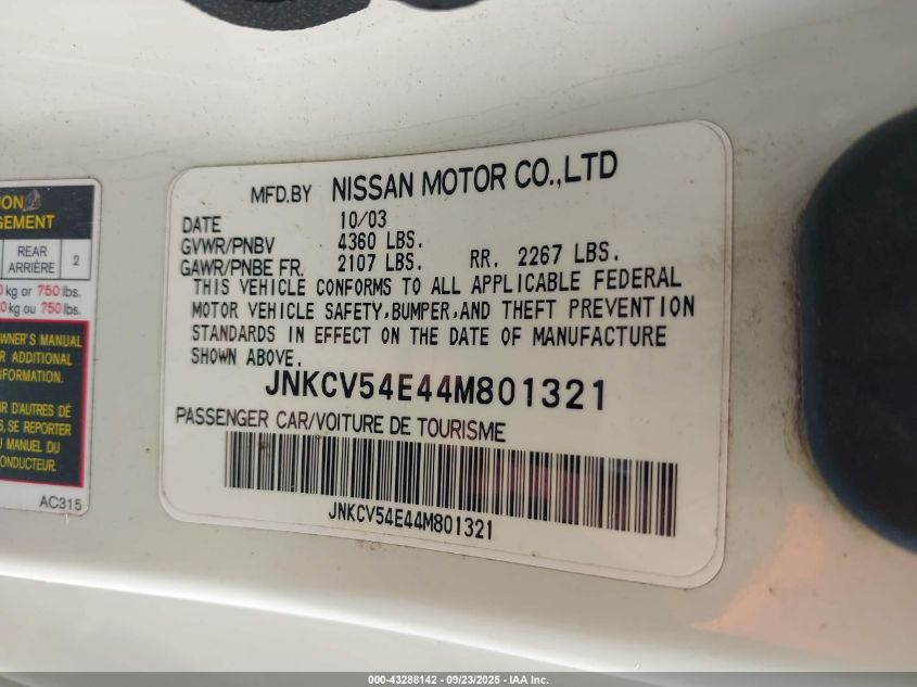 2004 Infiniti G35 VIN: JNKCV54E44M801321 Lot: 43288142