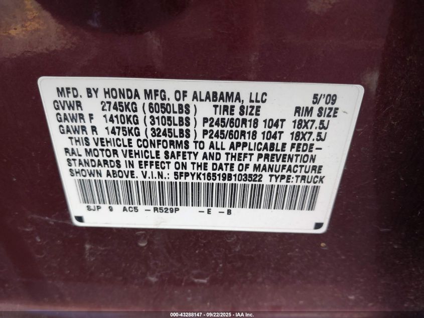 2009 Honda Ridgeline Rtl VIN: 5FPYK16519B103522 Lot: 43288147