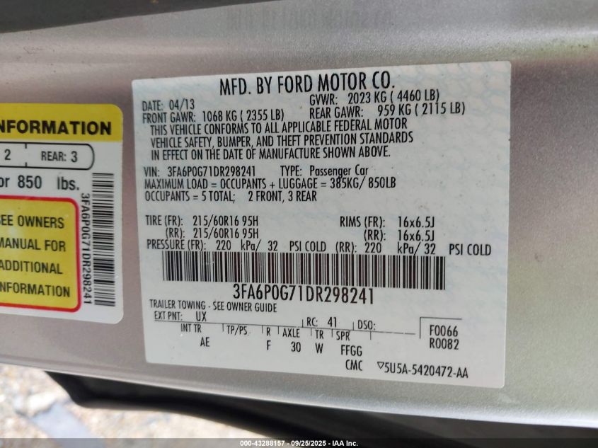 2013 Ford Fusion S VIN: 3FA6P0G71DR298241 Lot: 43288157