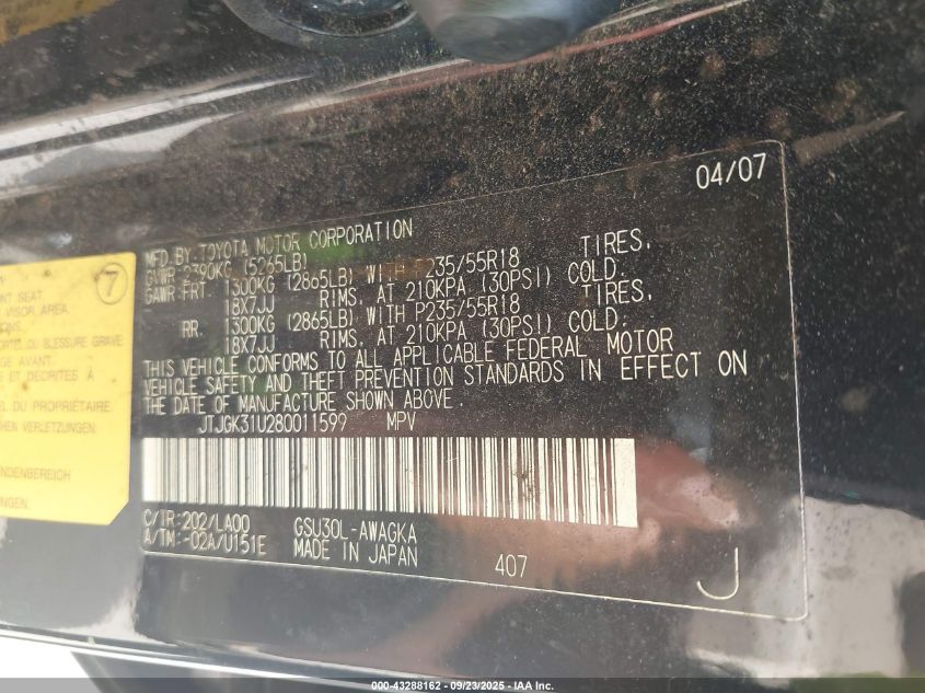 2008 Lexus Rx 350 VIN: JTJGK31U280011599 Lot: 43288162