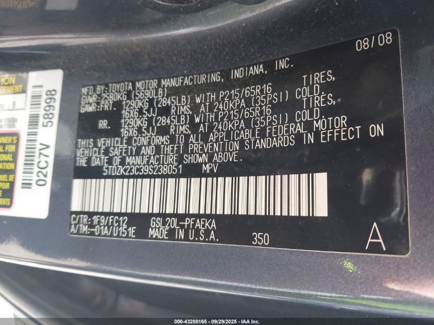 2009 Toyota Sienna Le VIN: 5TDZK23C39S238051 Lot: 43288165