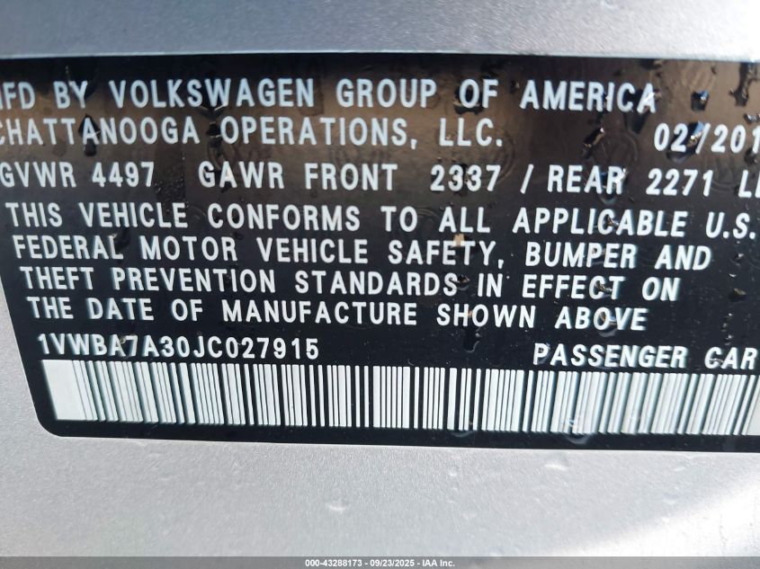 2018 Volkswagen Passat 2.0T Se VIN: 1VWBA7A30JC027915 Lot: 43288173