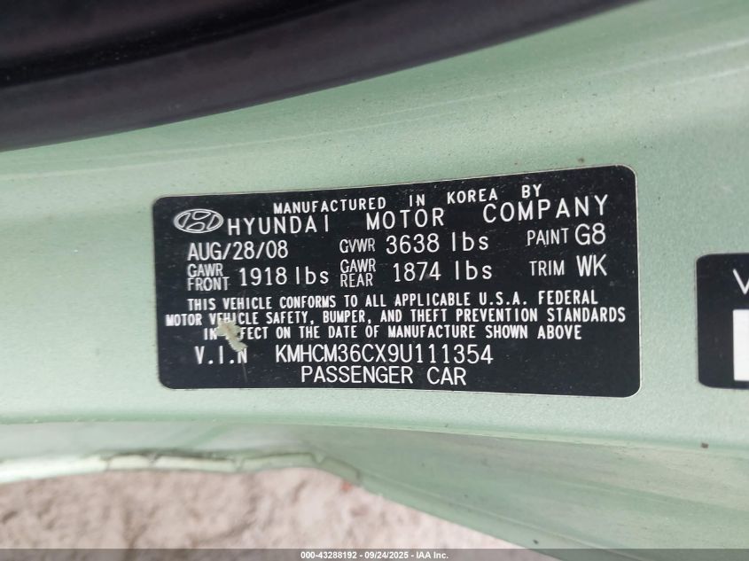 2009 Hyundai Accent Gs VIN: KMHCM36CX9U111354 Lot: 43288192