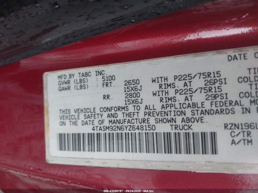 2000 Toyota Tacoma Prerunner VIN: 4TASM92N6YZ648150 Lot: 43288197