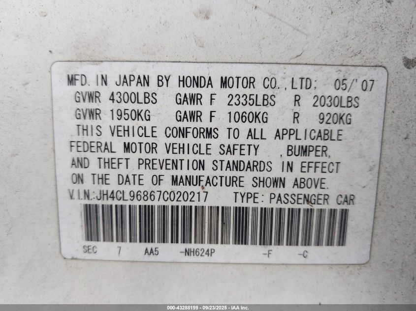2007 Acura Tsx VIN: JH4CL96867C020217 Lot: 43288199