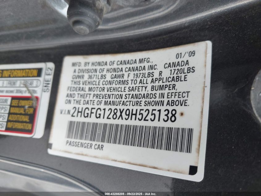 2009 Honda Civic Ex VIN: 2HGFG128X9H525138 Lot: 43288205