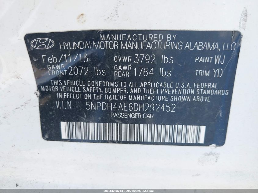 2013 Hyundai Elantra Gls VIN: 5NPDH4AE6DH292452 Lot: 43288213