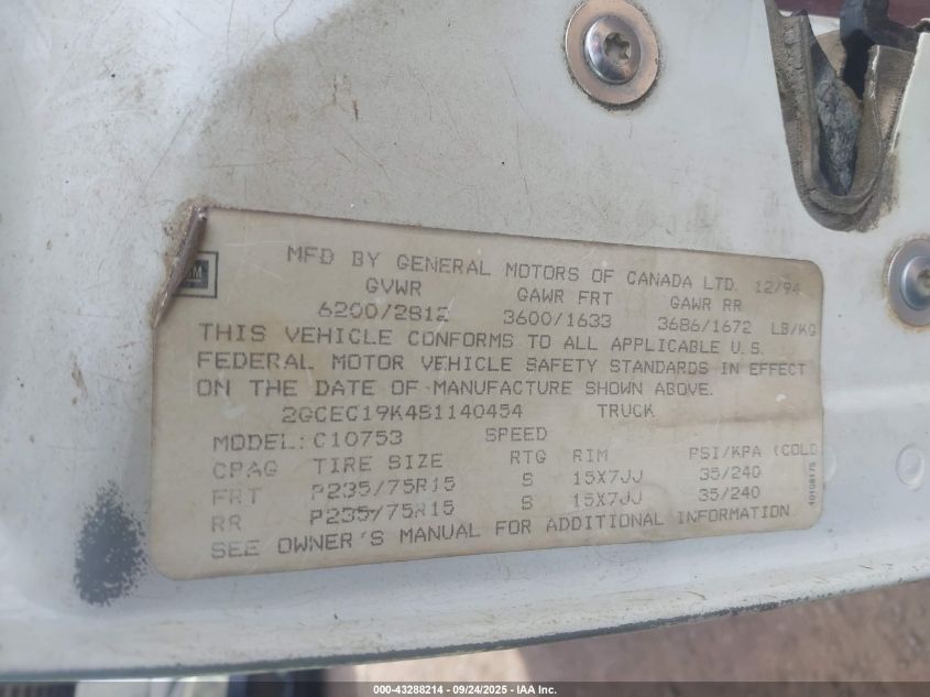 1995 Chevrolet Gmt-400 C1500 VIN: 2GCEC19K4S1140454 Lot: 43288214