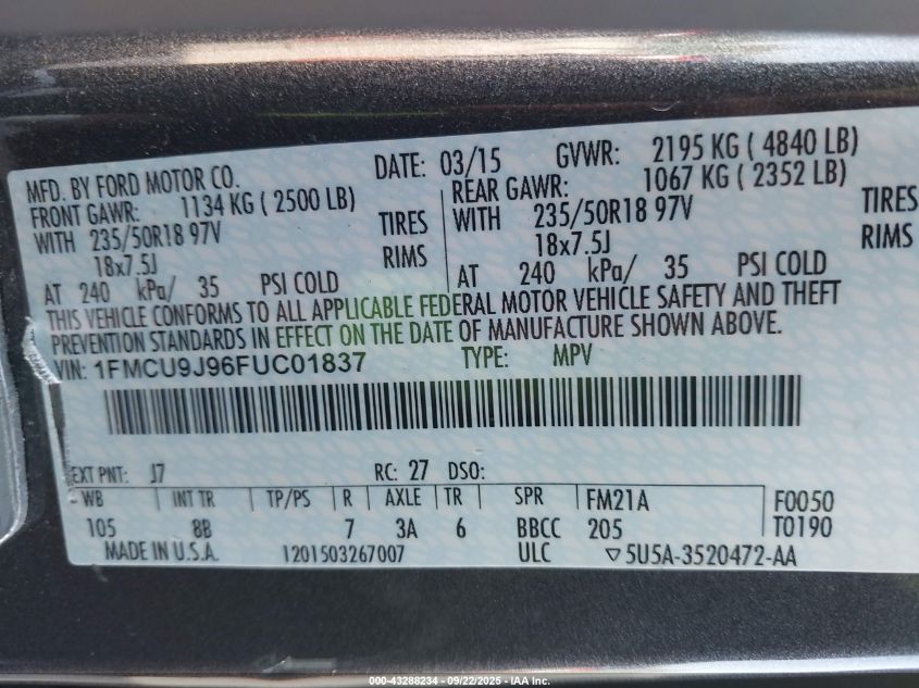 2015 Ford Escape Titanium VIN: 1FMCU9J96FUC01837 Lot: 43288234