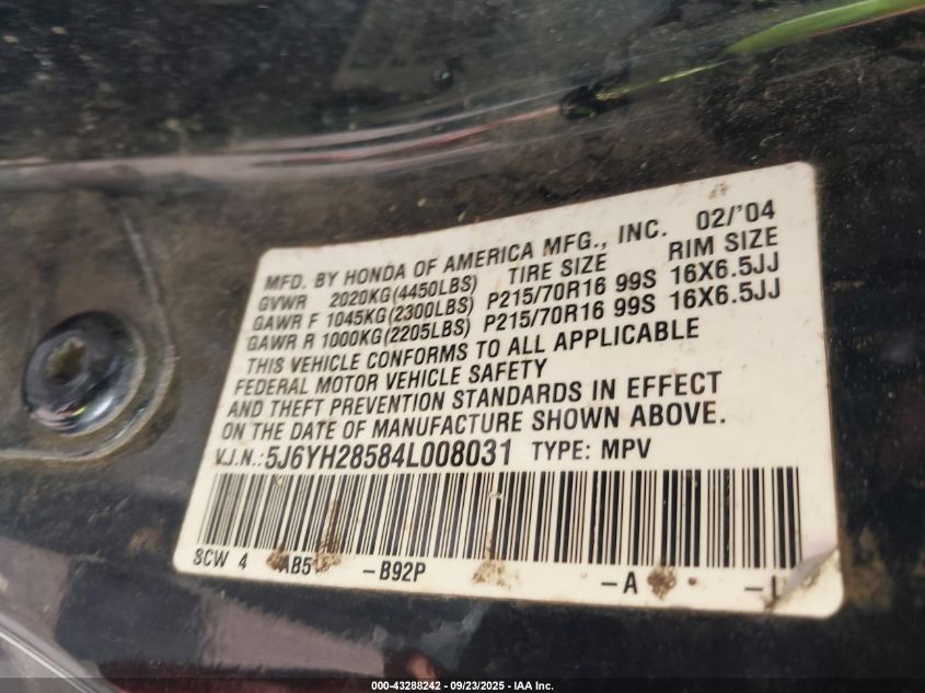 2004 Honda Element Ex VIN: 5J6YH28584L008031 Lot: 43288242