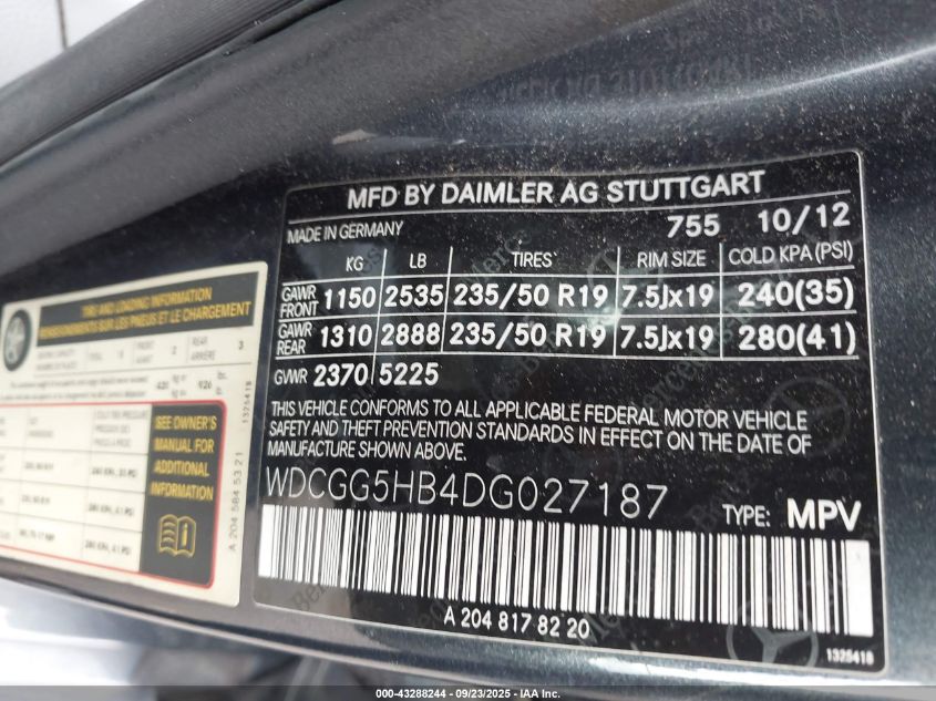 2013 Mercedes-Benz Glk 350 VIN: WDCGG5HB4DG027187 Lot: 43288244