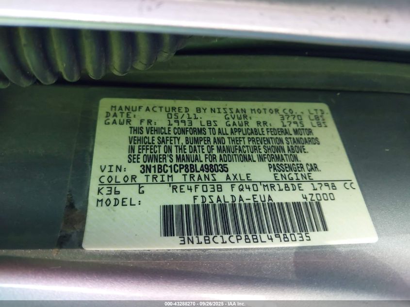 2011 Nissan Versa 1.8S VIN: 3N1BC1CP8BL498035 Lot: 43288270