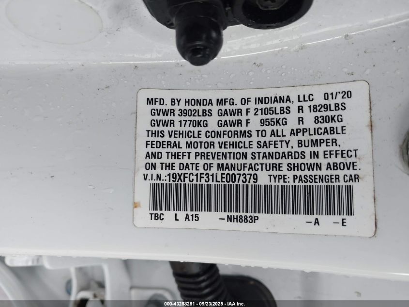 2020 Honda Civic Ex VIN: 19XFC1F31LE007379 Lot: 43288281