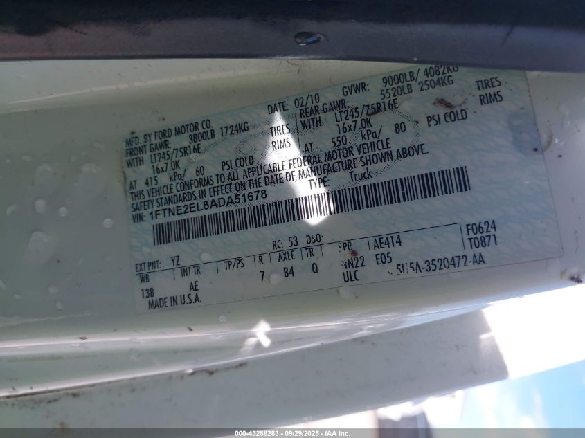2010 Ford E-250 Commercial/Recreational VIN: 1FTNE2EL6ADA51678 Lot: 43288283
