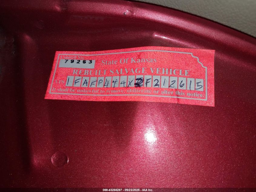 2002 Ford Mustang VIN: 1FAFP444X2F212615 Lot: 43288287