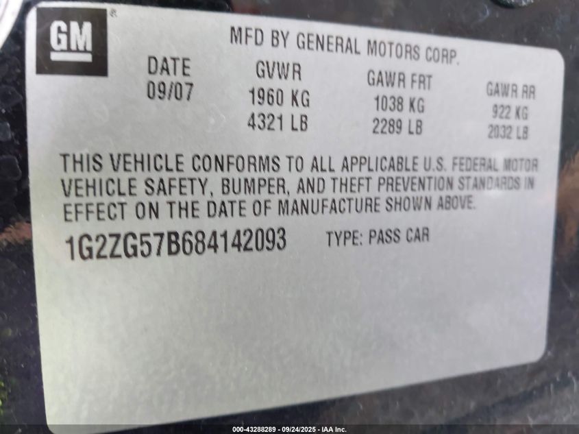 2008 Pontiac G6 VIN: 1G2ZG57B684142093 Lot: 43288289