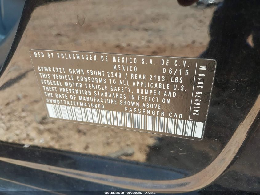 2015 Volkswagen Jetta 1.8T Sport VIN: 3VWD17AJ2FM415600 Lot: 43288300
