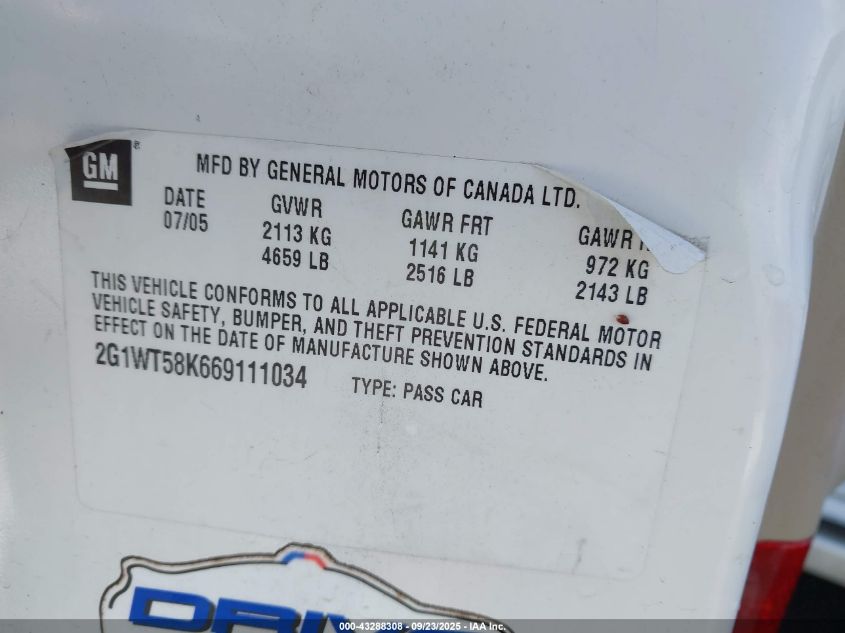 2006 Chevrolet Impala Lt VIN: 2G1WT58K669111034 Lot: 43288308