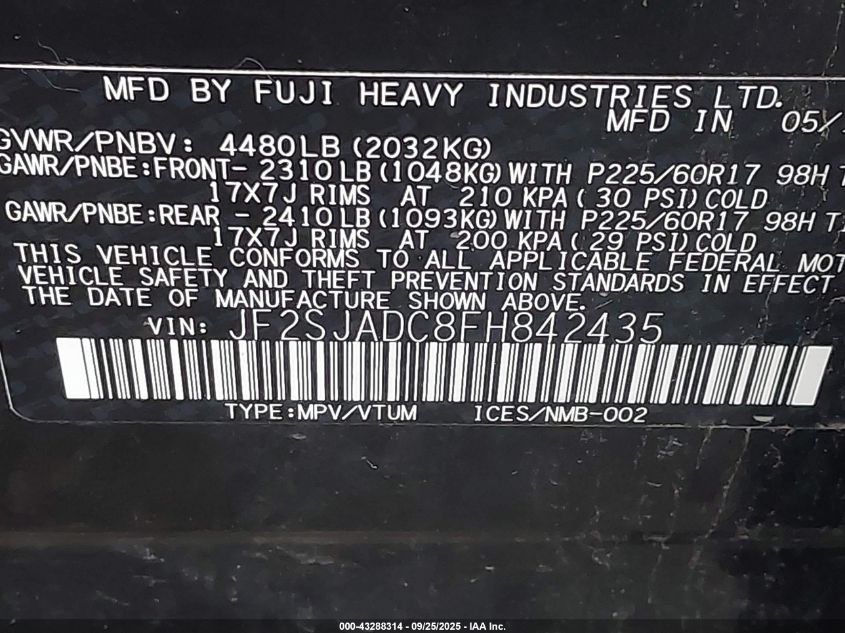 2015 Subaru Forester 2.5I Premium VIN: JF2SJADC8FH842435 Lot: 43288314