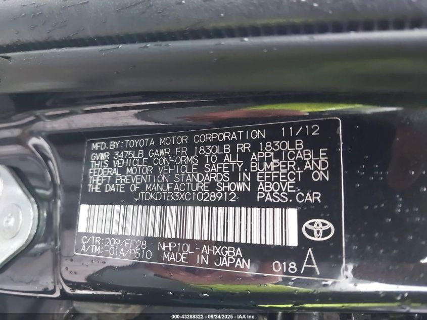 2012 Toyota Prius C VIN: JTDKDTB3XC1028912 Lot: 43288322