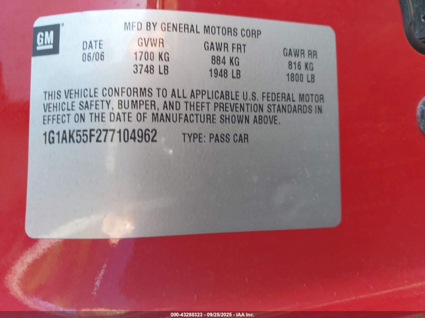 2007 Chevrolet Cobalt Ls VIN: 1G1AK55F277104962 Lot: 43288323