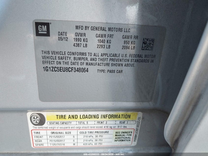 2012 Chevrolet Malibu 1Lt VIN: 1G1ZC5EU8CF348064 Lot: 43288333