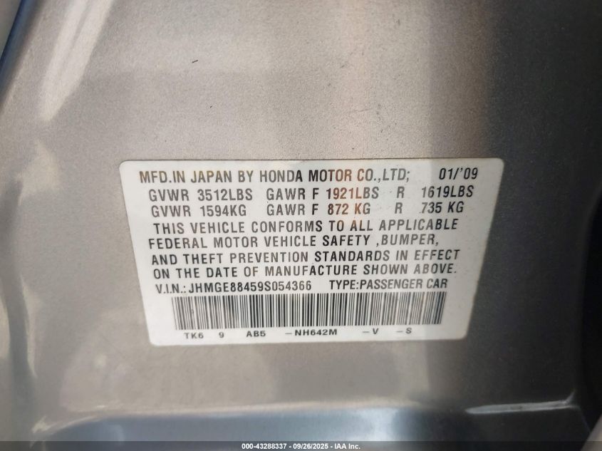 2009 Honda Fit Sport VIN: JHMGE88459S054366 Lot: 43288337