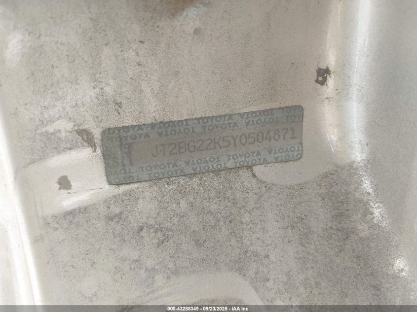 2000 Toyota Camry Le VIN: JT2BG22K5Y0504871 Lot: 43288349