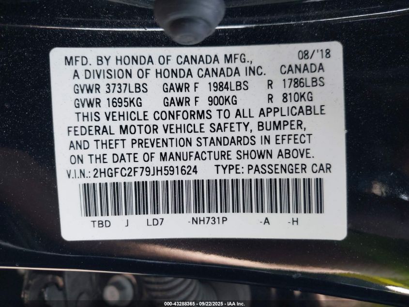 2018 Honda Civic Ex VIN: 2HGFC2F79JH591624 Lot: 43288365