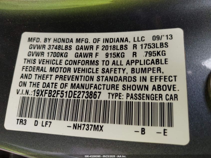 2013 Honda Civic Lx VIN: 19XFB2F51DE273867 Lot: 43288369
