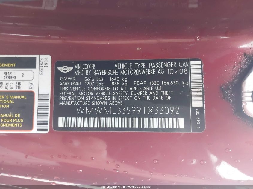 2009 Mini Cooper Clubman VIN: WMWML33599TX33092 Lot: 43288370