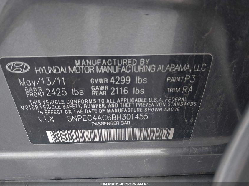 2011 Hyundai Sonata Limited VIN: 5NPEC4AC6BH301455 Lot: 43288391
