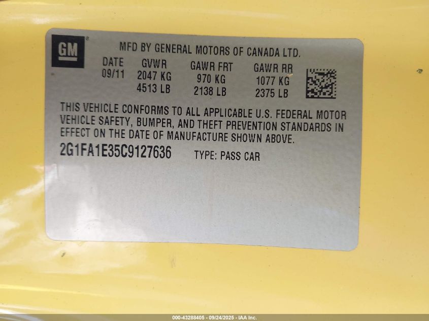2012 Chevrolet Camaro 2Ls VIN: 2G1FA1E35C9127636 Lot: 43288405
