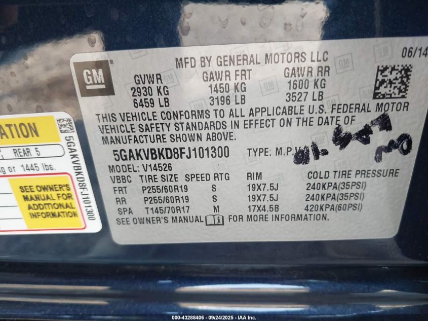 2015 Buick Enclave Leather VIN: 5GAKVBKD8FJ101300 Lot: 43288406