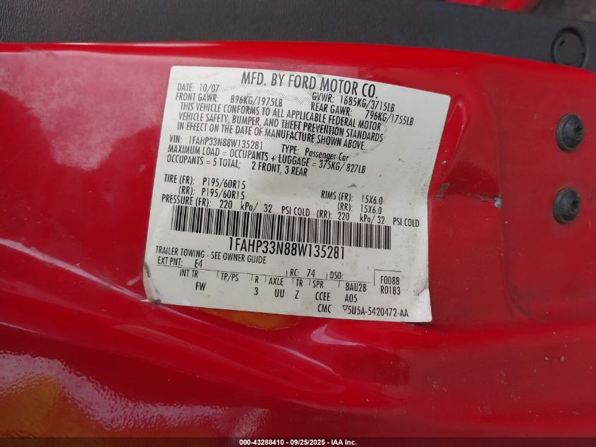 2008 Ford Focus Se/Ses VIN: 1FAHP33N88W135281 Lot: 43288410