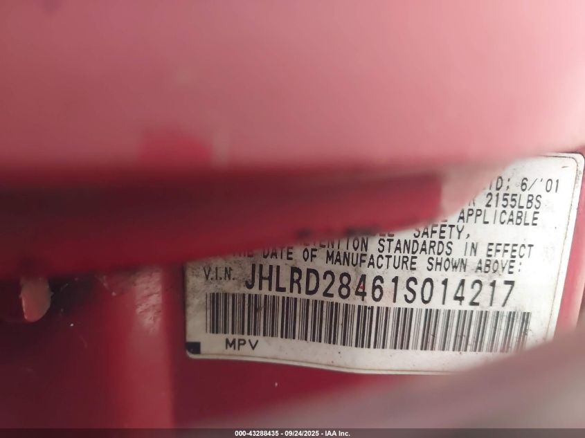 2001 Honda Cr-V Lx VIN: JHLRD28461S014217 Lot: 43288435