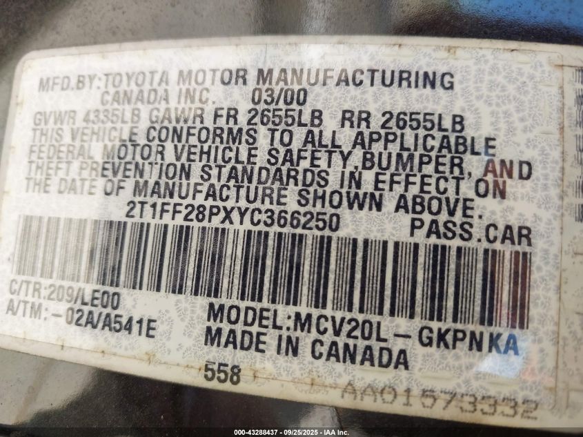 2000 Toyota Camry Solara Sle V6 VIN: 2T1FF28PXYC366250 Lot: 43288437