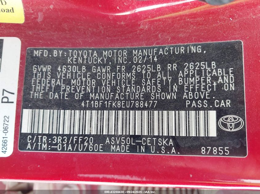 2014 Toyota Camry Se VIN: 4T1BF1FK8EU788477 Lot: 43288438
