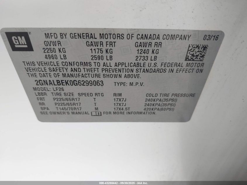 2016 Chevrolet Equinox Ls VIN: 2GNALBEK0G6299063 Lot: 43288442