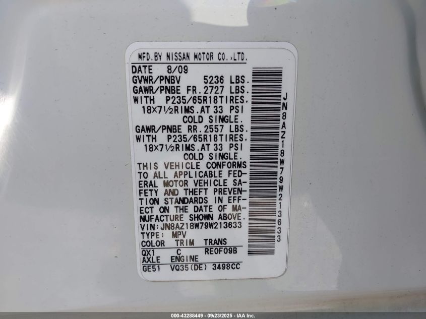 2009 Nissan Murano Sl VIN: JN8AZ18W79W213633 Lot: 43288449