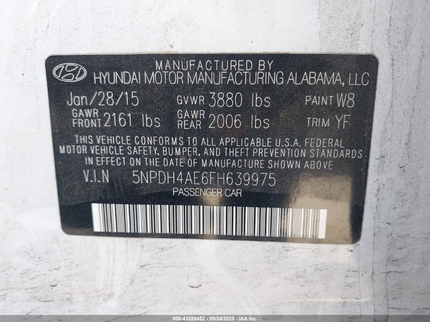 2015 Hyundai Elantra Se VIN: 5NPDH4AE6FH639975 Lot: 43288452