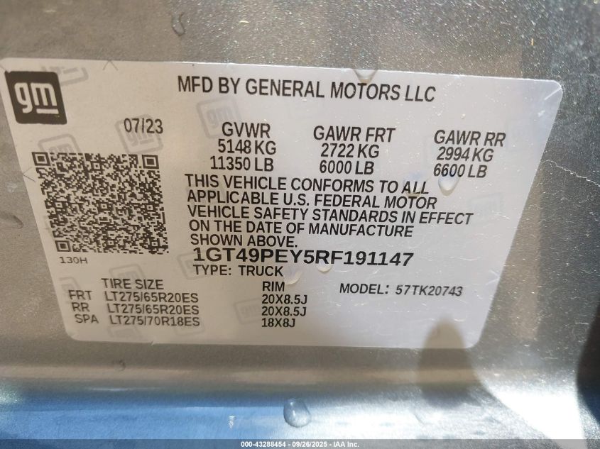 2024 GMC Sierra 2500Hd 4Wd Standard Bed At4 VIN: 1GT49PEY5RF191147 Lot: 43288454