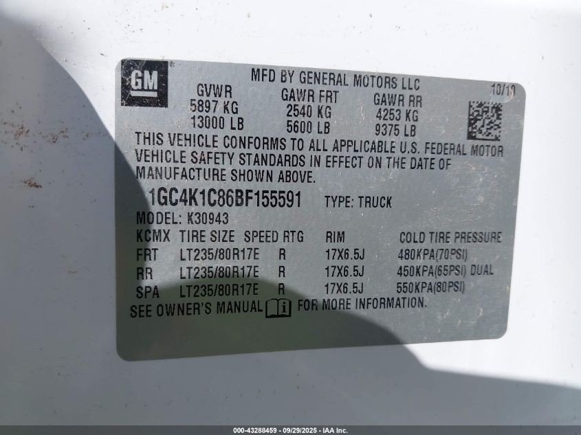 2011 Chevrolet Silverado 3500Hd Ltz VIN: 1GC4K1C86BF155591 Lot: 43288459