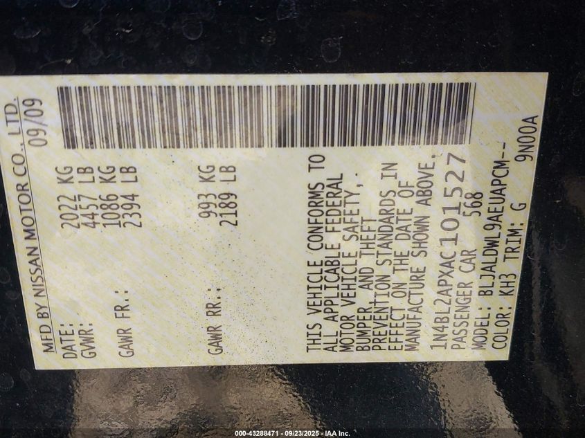 2010 Nissan Altima 3.5 Sr VIN: 1N4BL2APXAC101527 Lot: 43288471